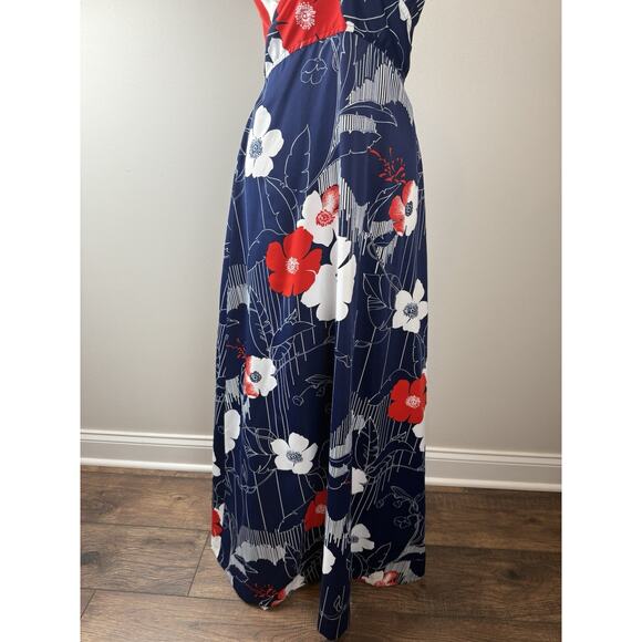 Vintage Hawaii Nei Blue Red Knit Hawaiian Floral 70’s Maxi Gown Halter Dress 14 - Picture 3 of 11